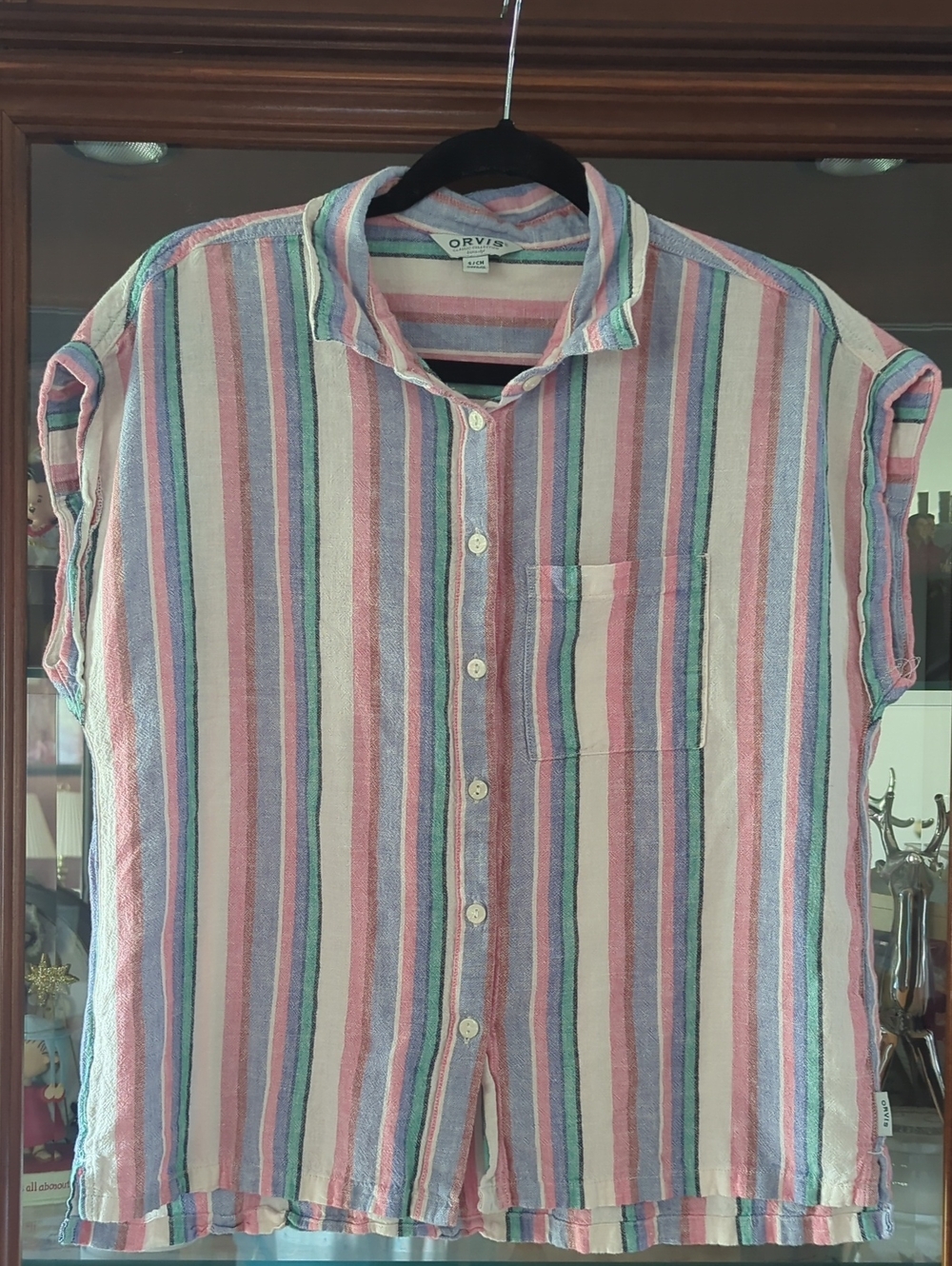 Orvis Women’s Short-Sleeve Striped Button-Down — Pink, Blue & White